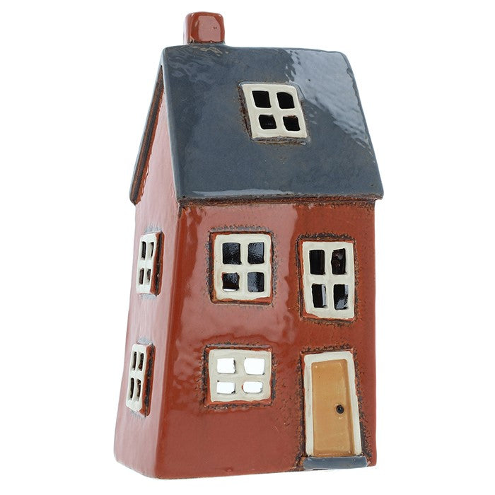 Village Pottery Bright Red Blue Candle Tealight House