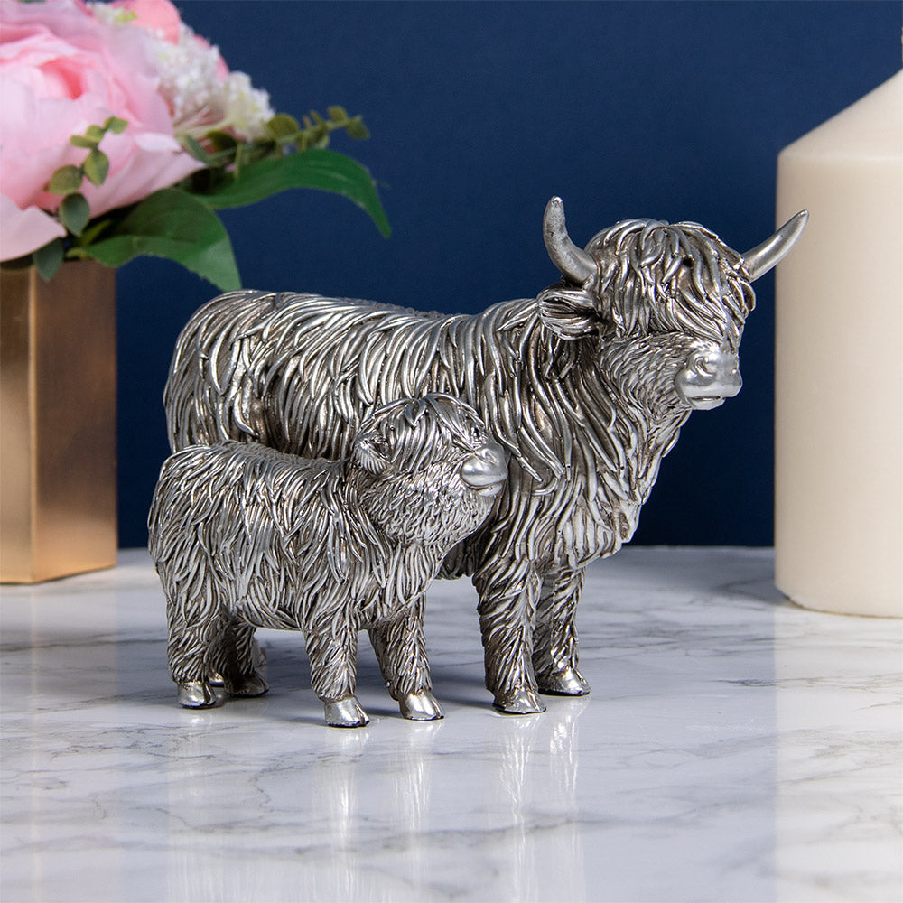 Silver Highland Cow &amp; Calf Ornament