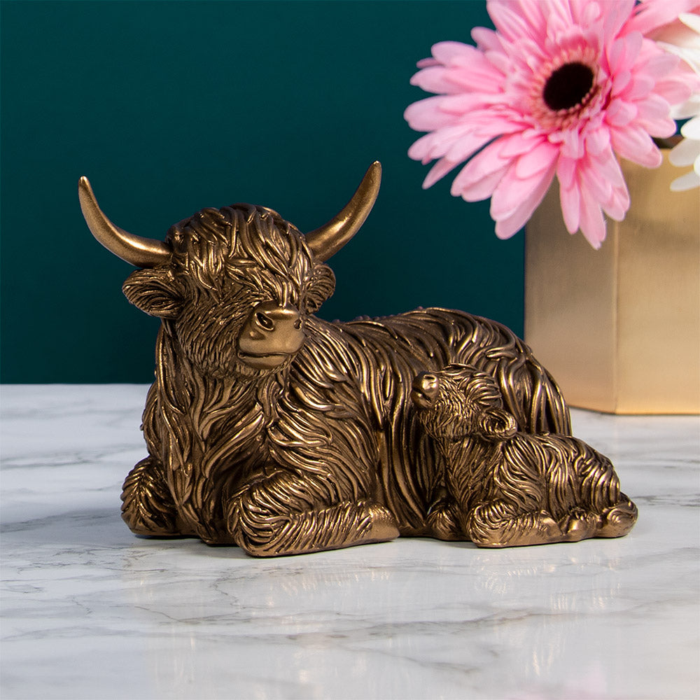 Bronze Highland Cow &amp; Calf Figurine Ornament