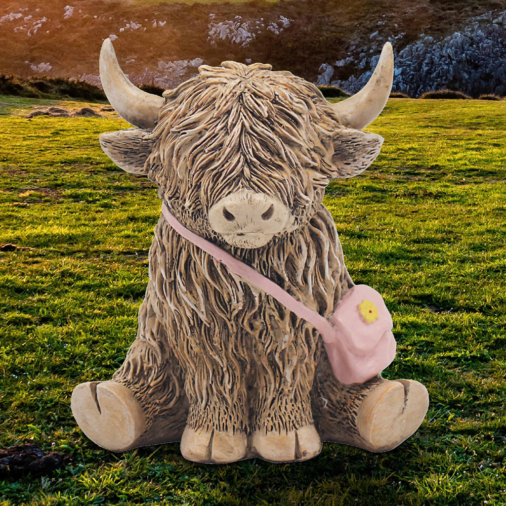 Highland Cow with Pink Handbag Figurine Ornament