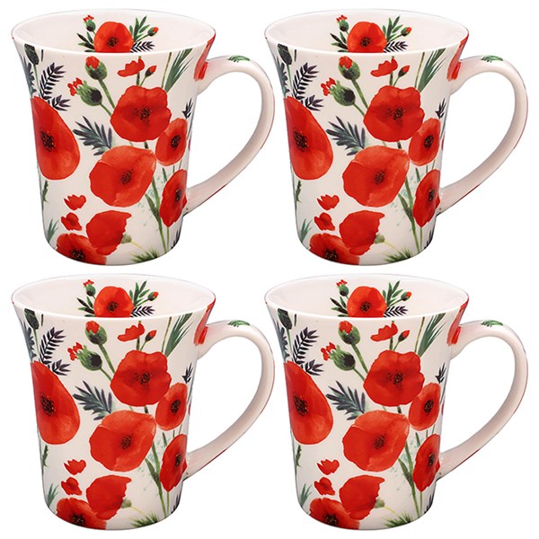 Poppy Fields Fine China Mugs - Set of 4