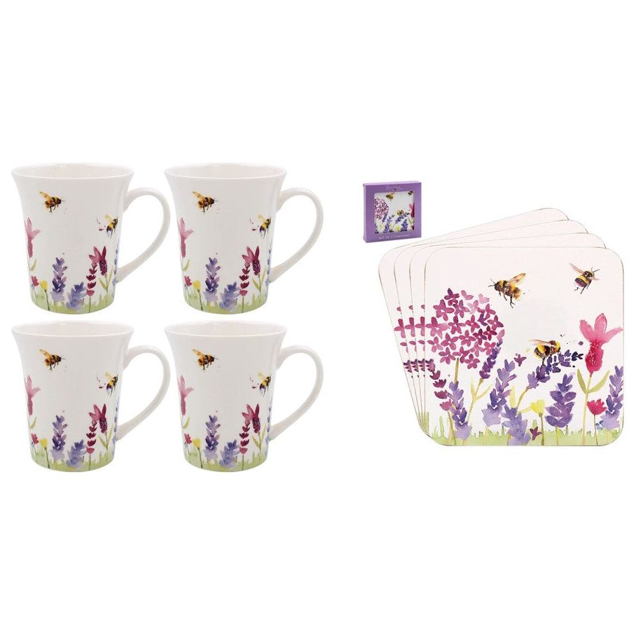 Lavender &amp; Bees Tea for 4 Mug and Coaster Set