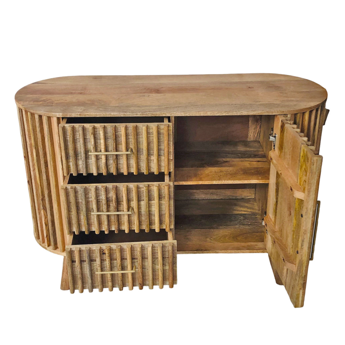 Slatted Mango Wood 3 Drawer Sideboard