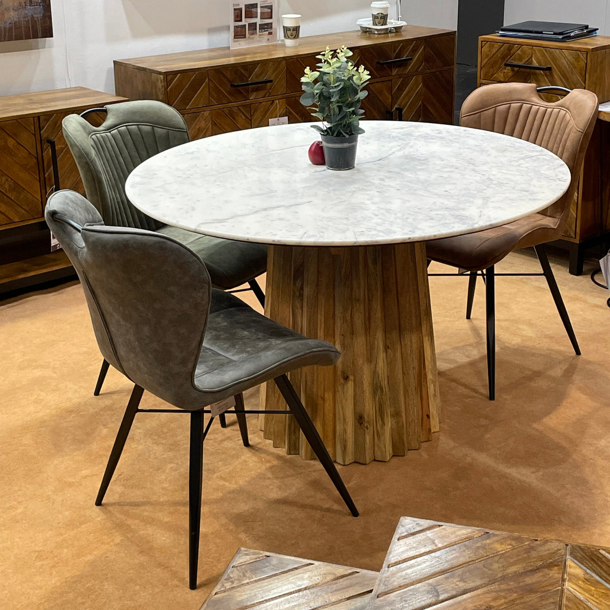 Slatted Mango Wood and Marble Round Dining Table