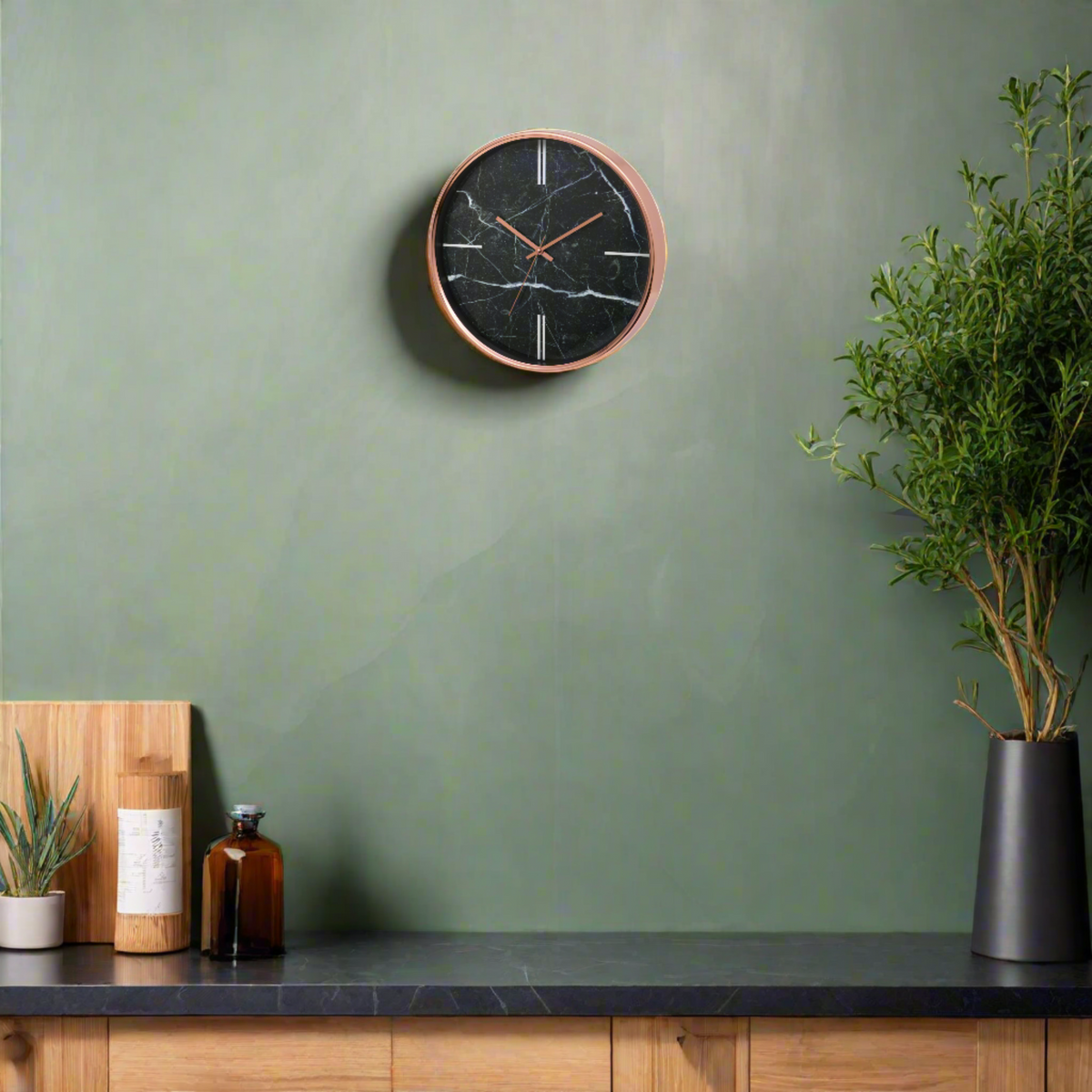 Bolton 38cm Wall Clock - Marble Effect Black &amp; Rose Gold