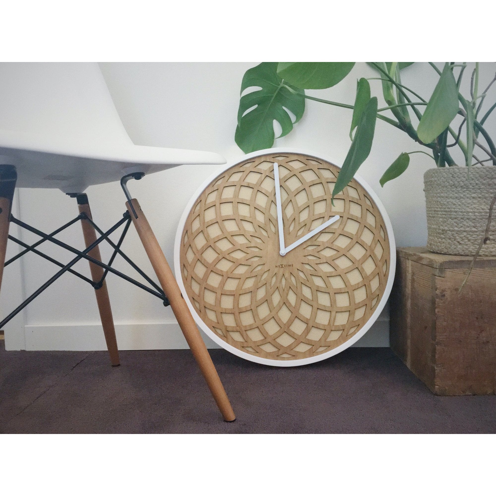 NeXtime - Wall clock – Ø 50 cm - Wood & Fabric - Beige - 'Sun Big'