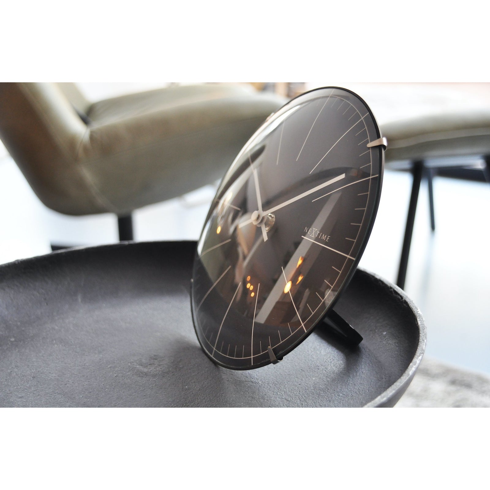 NeXtime - Wall clock/ Table clock- Ø 20 cm- Glass – Black – 'Big Stripe Mini Dome'