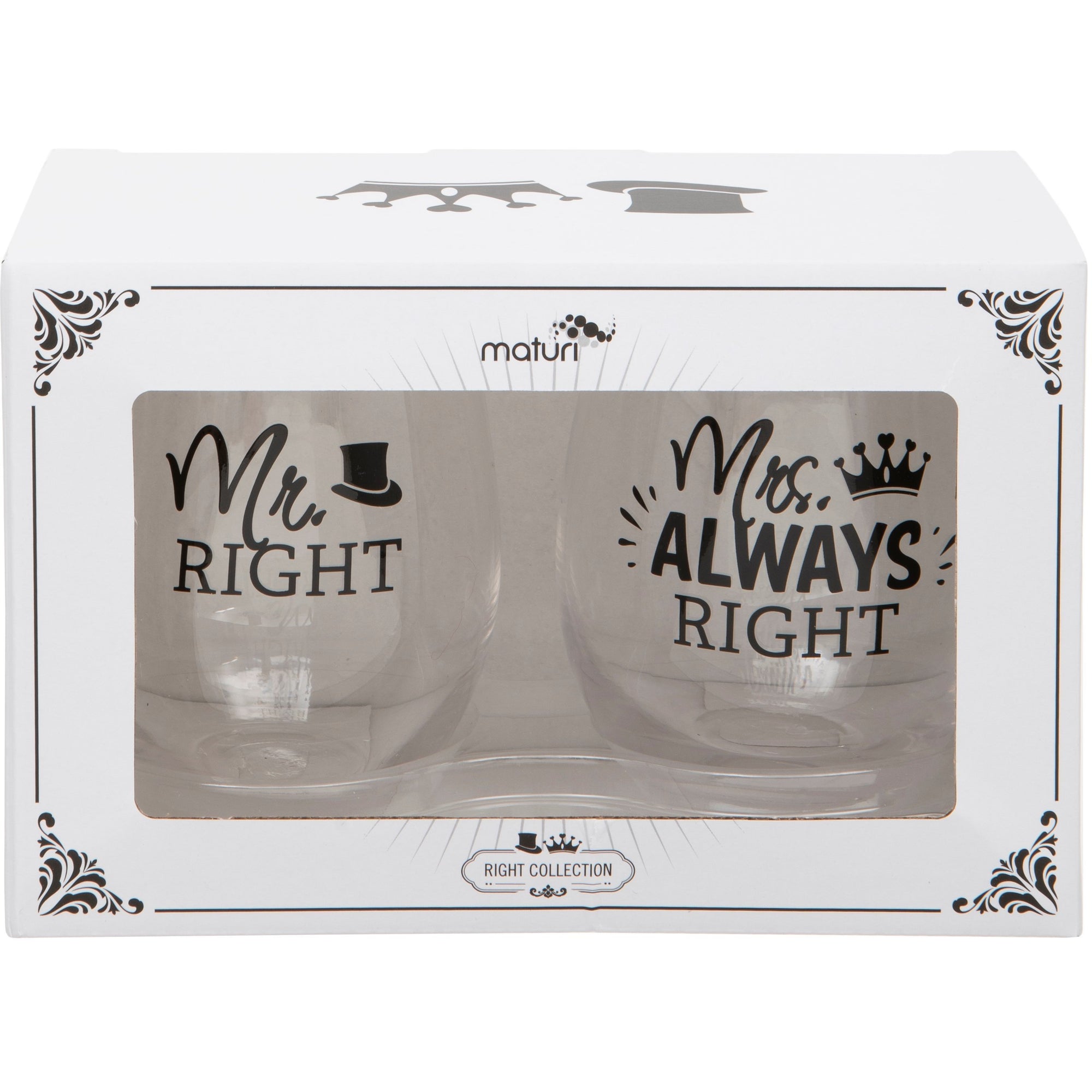 Set of Two Mr Right and Mrs Always Right Stemless Wine Glasses