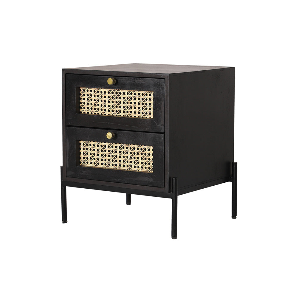 Rattan Black Mango Wood Bedside Table