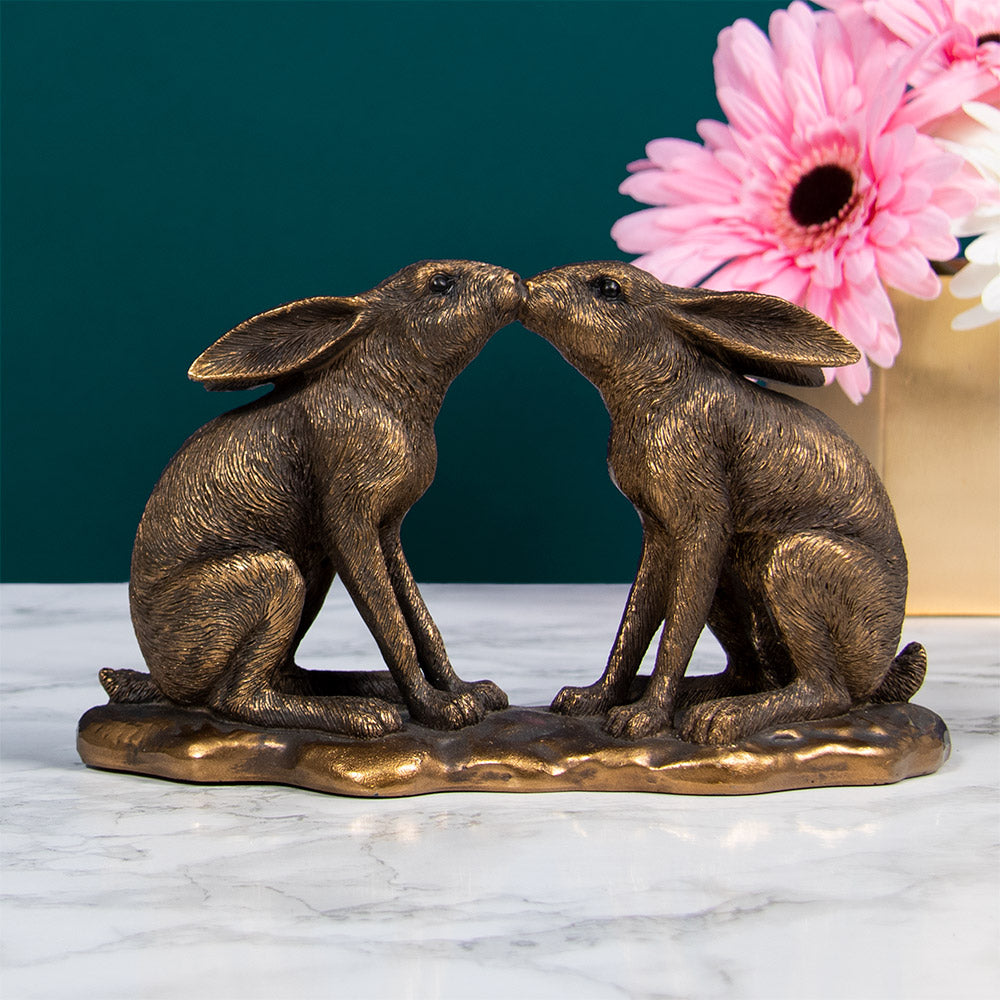 Bronzed Kissing Hares Figurine