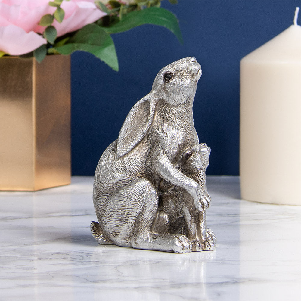 Silver Sitting Hare and Baby Ornament Figurine